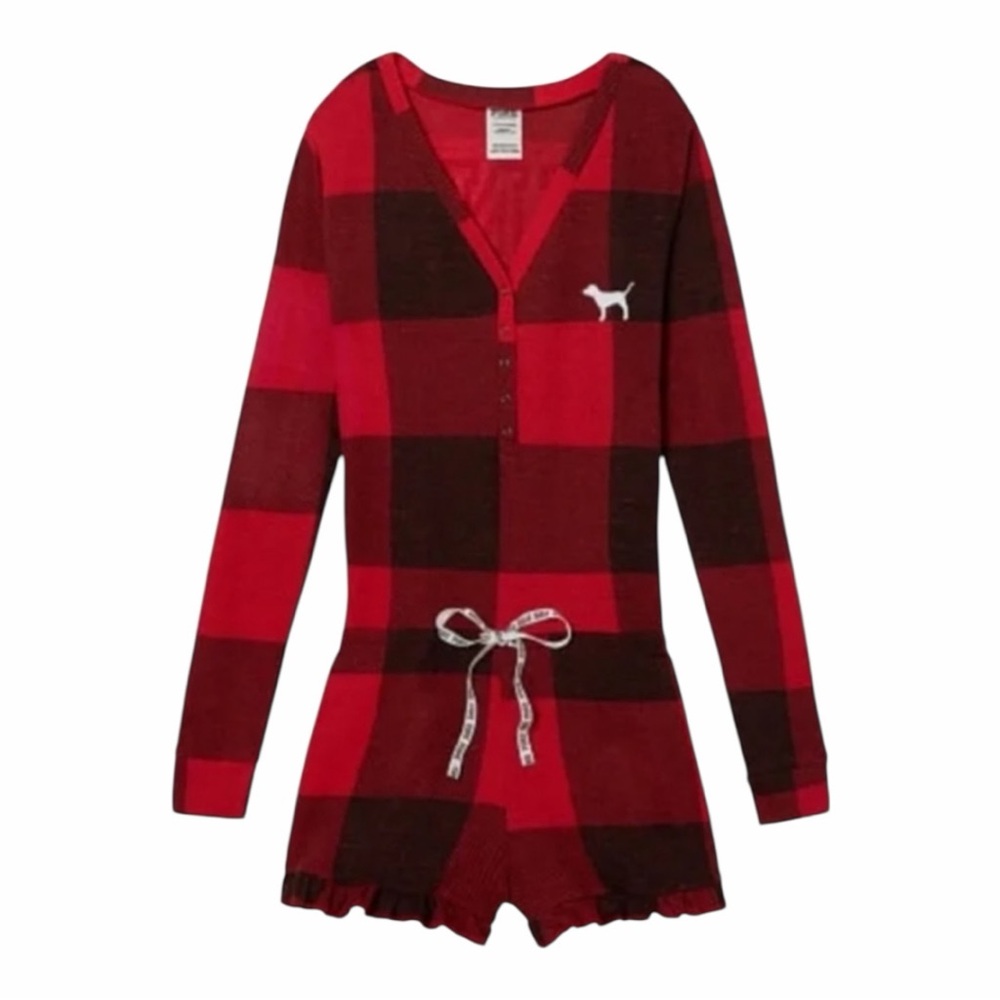 Victoria’s Secret PINK Buffalo Plaid Thermal Sleepwear Romper. Size Medium. - Picture 2 of 11